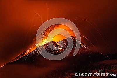 Volcano eruption landscape at night - Mount Etna in Sicily Stock Photo