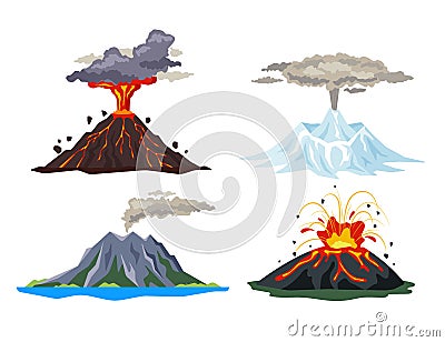 Volcano eruption set with magma, smoke, ashes isolated on white background. Volcanic activity hot lava eruption Vector Illustration