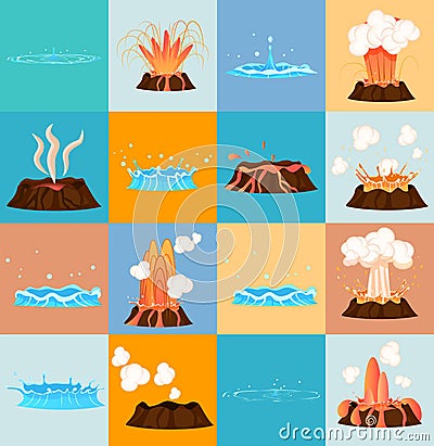 Volcano Eruption and Water Discharge by Geyser Vector Illustration