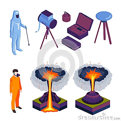 Volcano Eruptions And Volcanologist Isometric Icons Vector Illustration