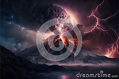 Volcano island eruption with lava flow at night Stock Photo