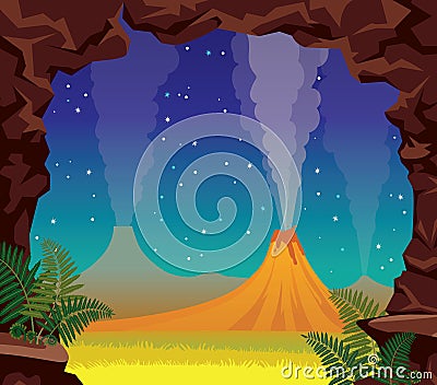 Summer night landscape - volcano, cave, fern. Prehistoric nature Cartoon Illustration