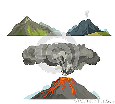 Volcano magma nature blowing up with smoke volcanic eruption lava mountain vector illustration Vector Illustration