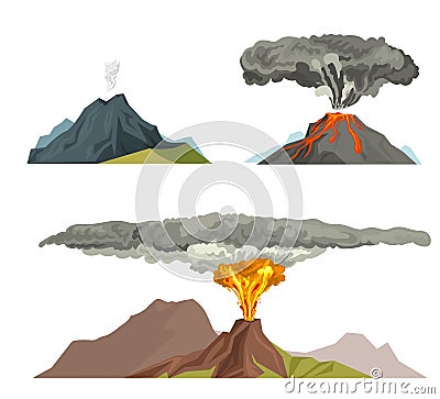 Volcano magma nature blowing up with smoke volcanic eruption lava mountain vector illustration Vector Illustration