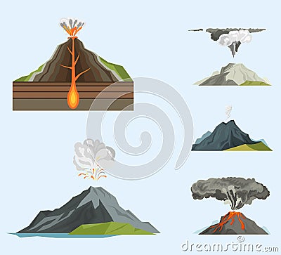 Volcano magma nature blowing up with smoke volcanic eruption lava mountain vector illustration Vector Illustration