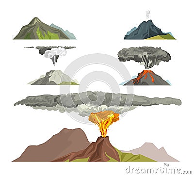 Volcano magma nature blowing up with smoke volcanic eruption lava mountain vector illustration Vector Illustration