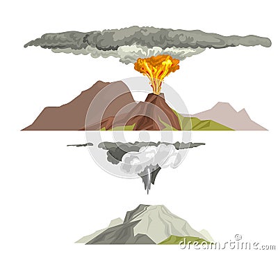 Volcano magma nature blowing up with smoke volcanic eruption lava mountain vector illustration Vector Illustration