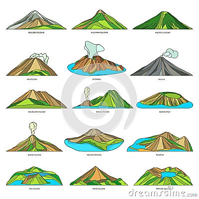 Volcano natural sights, landscape scenery icon set Vector Illustration