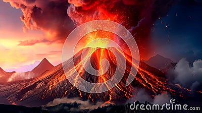 volcano with smoke billowing up and lava pouring out of a volcanic crater. Stock Photo