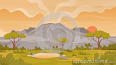 Volcano tropical nature landscape, mountain wild scenery, active volcano with smoke at sunset Vector Illustration