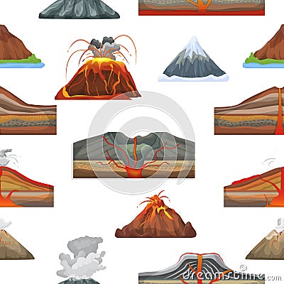 Volcano vector eruption and volcanism or explosion convulsion of nature volcanic in mountains illustration set of Vector Illustration