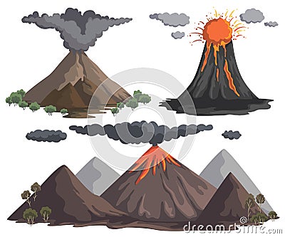 Volcanoes with magma, lava and smoke. Mountain landscapes.nder sign mirror of Venus. Vector Illustration