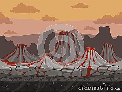 Volcanoes seamless game background. Rockie ground with stones prehistoric outdoor vector landscape in cartoon style Vector Illustration