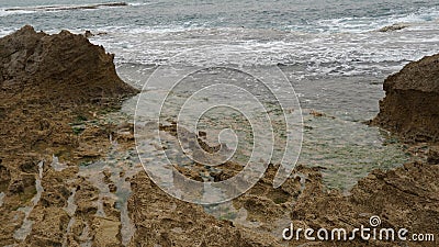 Volcanogenic rock slab filled with tide water on the seashore. Volcanic rocks on the edge of clear sea water. Natural rocky Stock Photo