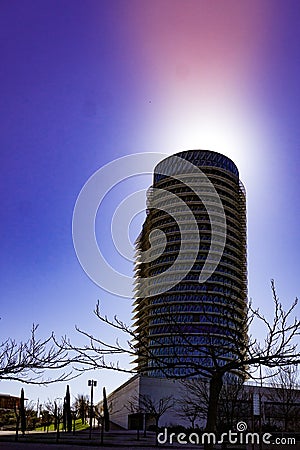 VolcÃ¡n en la ciudad. Zaragoza Water Tower turned into a volcano Stock Photo