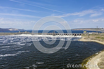 Volga river. Views of the Zhigulevskaya HPP during the discharge of water. Samara Region. Russia. Stock Photo