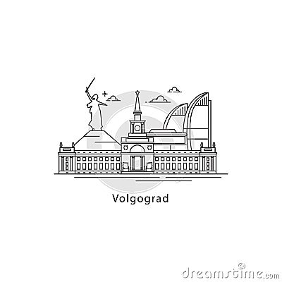 Volgograd logo isolated on white background. Volgograd s landmarks line vector illustration. Traveling to Russia cities Vector Illustration