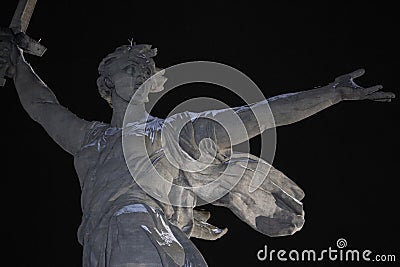 Volgograd. Mamayev Kurgan - historical memorial complex Motherland calls at winter. Close-up. Night view. 01.01.2017 Editorial Stock Photo