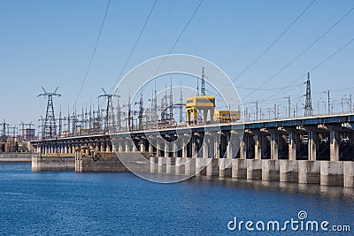 Volgograd. Russia - 16 April 2017. The dam of the Volga hydroelectric power station without water discharge Editorial Stock Photo