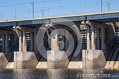Volgograd. Russia - 16 April 2017. The dam of the Volga hydroelectric power station without water discharge Editorial Stock Photo