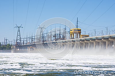 Volgograd. Russia - 16 April 2017. The dam of the Volga hydroelectric water discharge Editorial Stock Photo