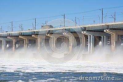 Volgograd. Russia - 16 April 2017. The dam of the Volga hydroelectric water discharge Editorial Stock Photo