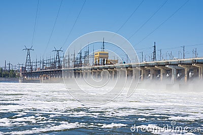 Volgograd. Russia - 16 April 2017. The dam of the Volga hydroelectric water discharge Editorial Stock Photo