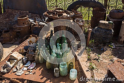 Volgograd. Russia - April 16 2017.Rzhavye sleeves from shells, glass bottles and metal objects found on the battlefields of the Gr Editorial Stock Photo