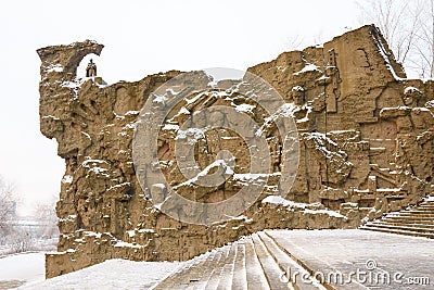 Volgograd. Russia - February 3, 2019. Bas-relief wall of the memorial complex on Mamayev Kurgan in Volgograd Editorial Stock Photo