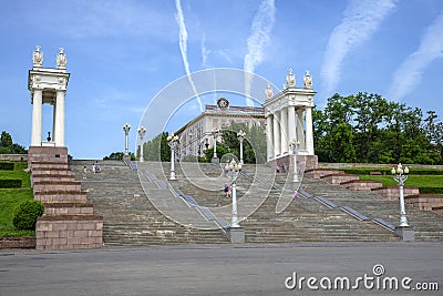 Stairs to the upper terrace. Volga River embankment. Volgograd Editorial Stock Photo