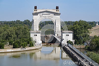 View of the arch of the first shipping lock of the Volga-Don Canal Editorial Stock Photo
