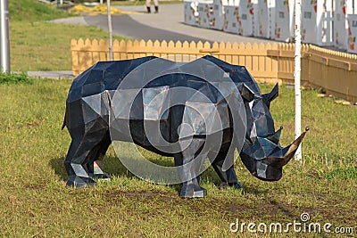 Volgograd. Russia-October 1, 2020. Metal figure of a rhinoceros in the Razdolye park on the territory of the Museum of the History Editorial Stock Photo