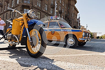 Retro police car VAZ 2106 and police motorcycle URAL Soviet time Editorial Stock Photo