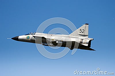 VOLKEL, THE NETHERLANDS - JUN 15, 2013: Former Swedish Air Force Saab 37 Viggen fighter jet in flight at the Dutch Air Force Open Editorial Stock Photo