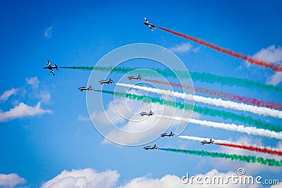 VOLKEL, THE NETHERLANDS - JUN 15, 2013: The Italian aerobatic demonstration team Frecce Tricolori performing with their MB339 jet Stock Photo