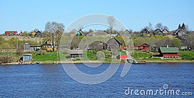 Volkhov river panorama with houses at the shore Stock Photo