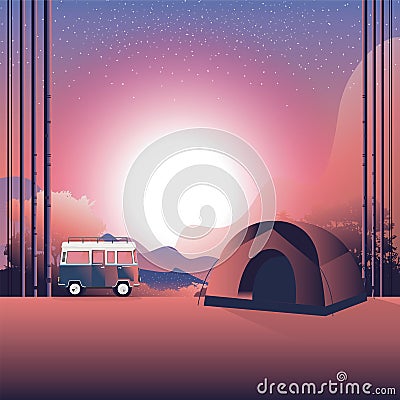 Volkswagen road trip. moon Night. camping, outdoor recreation, adventures in nature concept. Vector. Illustrator Vector Illustration