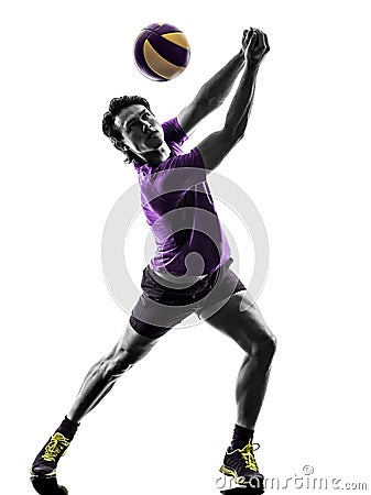 Volley ball player man silhouette white background Stock Photo