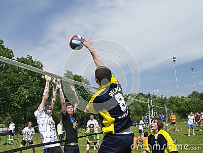 Volleyball attack over block Editorial Stock Photo