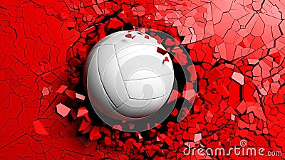 Volleyball ball breaking forcibly through a red wall. 3d illustration. Cartoon Illustration