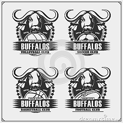 Volleyball, baseball, soccer and football logos and labels. Sport club emblems with buffalo. Vector Illustration