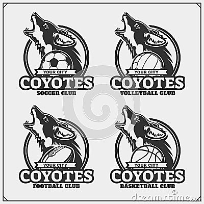 Volleyball, baseball, soccer and football logos and labels. Sport club emblems with coyote. Vector Illustration