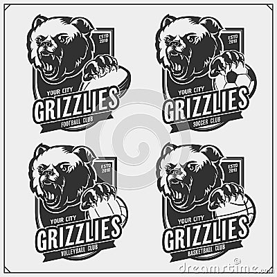 Volleyball, baseball, soccer and football logos and labels. Sport club emblems with grizzly bear. Print design for t-shirts. Vector Illustration