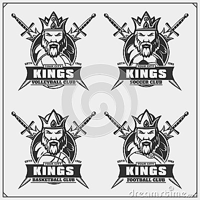 Volleyball, baseball, soccer and football logos and labels. Sport club emblems with king. Vector Illustration