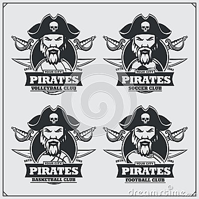 Volleyball, baseball, soccer and football logos and labels. Sport club emblems with pirate. Vector Illustration