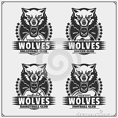 Volleyball, baseball, soccer and football logos and labels. Sport club emblems with wolf. Vector Illustration