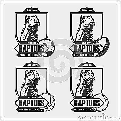 Volleyball, basketball, soccer and football logos and labels. Sport club emblems with raptor dinosaur. Print design for t-shirts. Vector Illustration