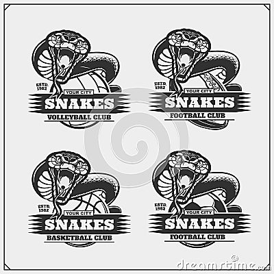 Volleyball, basketball, soccer and football logos and labels. Sport club emblems with snakes. Vector Illustration