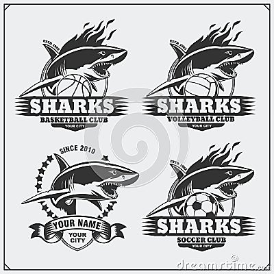 Volleyball, basketball and soccer logos and labels. Sport club emblems with shark. Vector Illustration