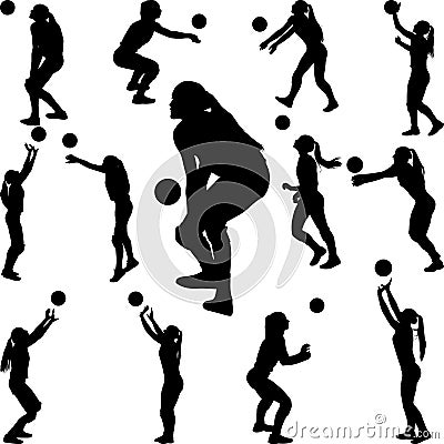 Volleyball girl player. women group play volleyball silhouette vector Vector Illustration